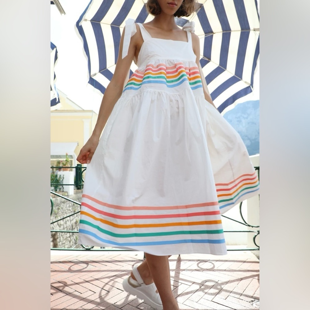 Paper London Laura Rainbow Stripes Sleeveless Tiered Sundress Tie Strap Casual